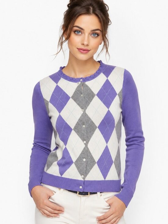 Talbots Sweaters - Talbots Argyle Cardigan Sweater Women's Size Small Purple Gray Ruffle Neck